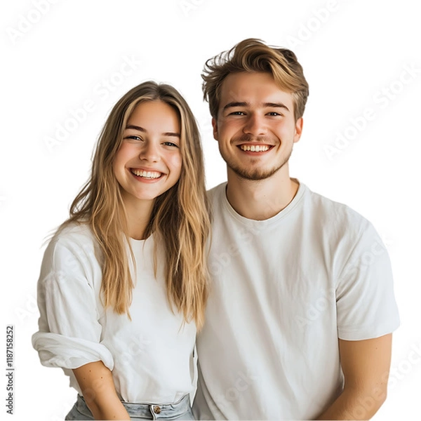 Obraz Happy Young Couple Smiling Together, Portrait Photo, Attractive Man and Woman in White T-Shirts, Casual Style, Close-up Shot, Studio Lighting, Blonde 