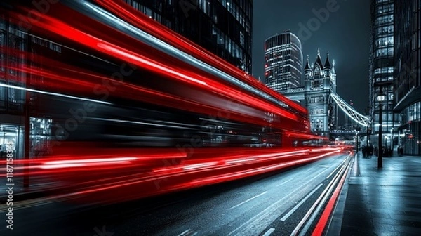 Fototapeta Blurry red bus speeding past Tower Bridge at night.