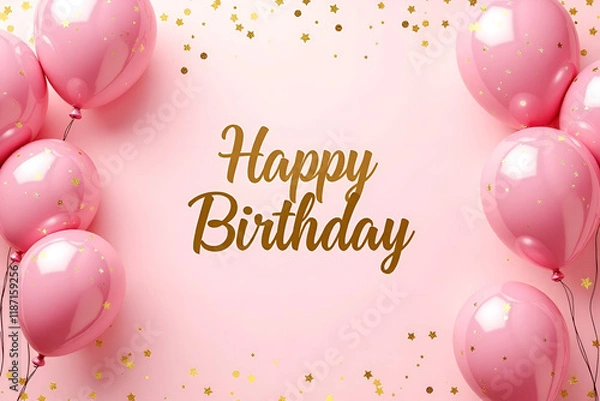 Fototapeta Happy birthday card with pink balloons and a golden confetti background text "Happy Birthday" is written in a calligraphy font Generative AI	
