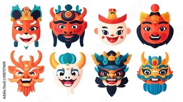 Fototapeta Colorful Asian theatrical masks collection illustration