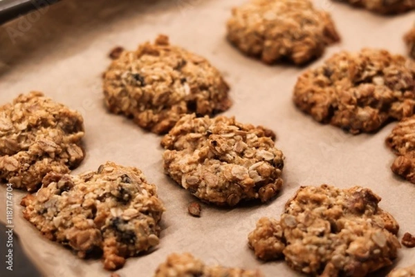 Obraz The process of preparing homemade oatmeal cookies - baked cookies placed on a baking tray lined with baking paper
