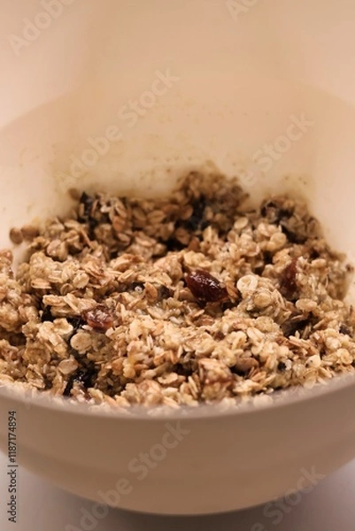 Obraz The process of preparing homemade oatmeal cookies - raw dough from oatmeal, flour, dried fruit, butter, honey in a bowl