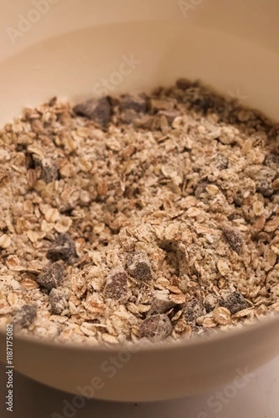 Obraz The process of preparing homemade oatmeal cookies - a mixture of dry ingredients: oatmeal, flour, dried fruit