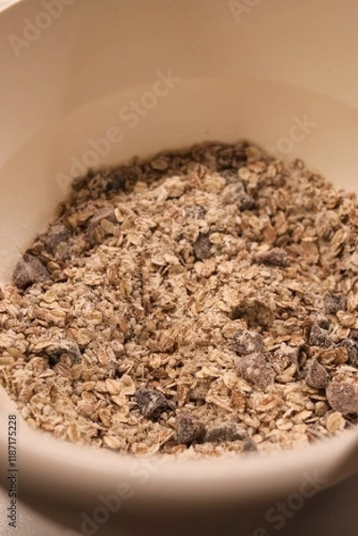 Obraz The process of preparing homemade oatmeal cookies - a mixture of dry ingredients: oatmeal, flour, dried fruit