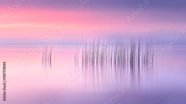 Fototapeta Serene pastel sunrise over calm lake with blurred reeds reflecting in water.