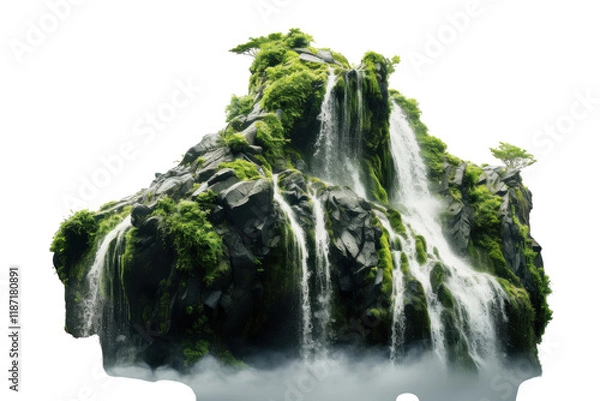 Fototapeta Majestic waterfall cascading down a rocky cliff surrounded by lush greenery in a tranquil atmosphere
