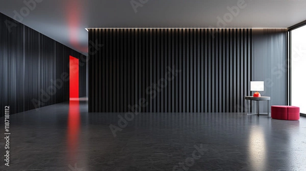 Obraz Modern interior with vertical black slatted walls, polished concrete floor, and a red accent lamp on the side. 3D Rendering 