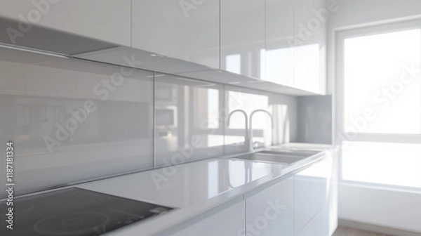 Obraz Modern kitchen splashback mockup. Kitchen furniture and empty, transparent backwall ready to insert picture, print. Minimalist design. Back wall mock up, template. Countertop and upper cabinets. 3D.
