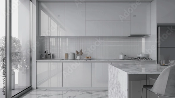 Obraz Modern kitchen splashback mockup. Kitchen furniture and empty, transparent backwall ready to insert picture, print. Minimalist design. Back wall mock up, template. Countertop and upper cabinets. 3D.