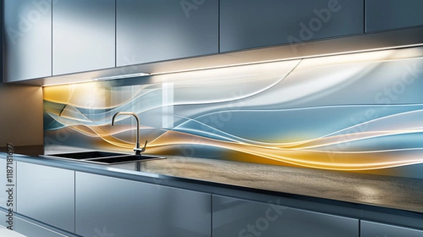 Obraz Modern kitchen splashback mockup. Kitchen furniture and empty, transparent backwall ready to insert picture, print. Minimalist design. Back wall mock up, template. Countertop and upper cabinets. 3D.