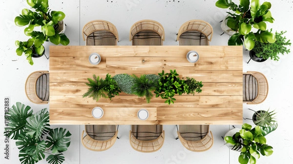 Obraz Overhead view of dining set with a wooden table, chairs and decorative plant. Rectangular table on transparent background, PNG. Cut out furniture. Top view. Flat lay, floor plan elements. 3D rendering