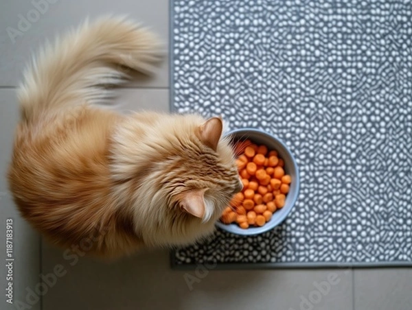 Fototapeta Fluffy orange Persian cat enjoying a bowl of orange treats in a cozy indoor setting with patterned floor mat