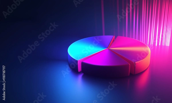 Fototapeta Colorful pie chart with glowing segments, set against a dark background with vibrant light rays.