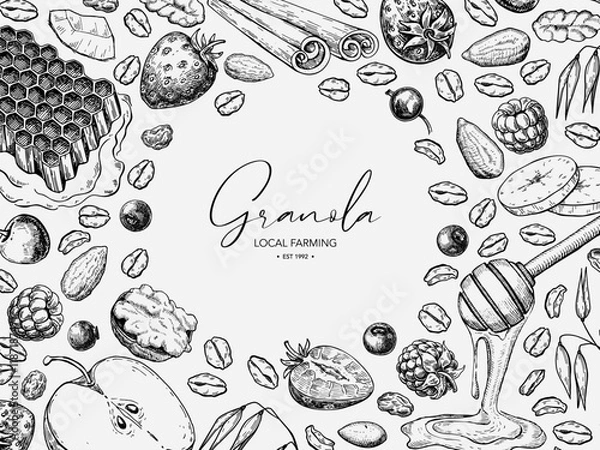 Fototapeta Granola, muesli or oatmeal food vector label template. Breakfast meal sketch. 
