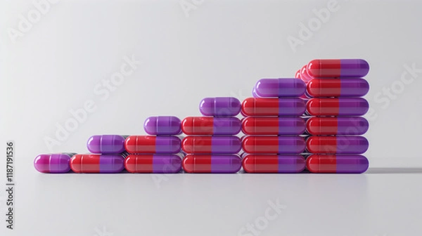 Obraz Red and purple capsules stacked in ascending order, forming a bar graph shape on a clean white background. Concept of healthcare trends. 3D