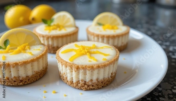 Fototapeta A small cheesecake with a smooth white cream topping sits at the center, surrounded by a crumbly graham cracker crust. Bright yellow orange zest decorates the top, adding a fresh and vibrant touch.