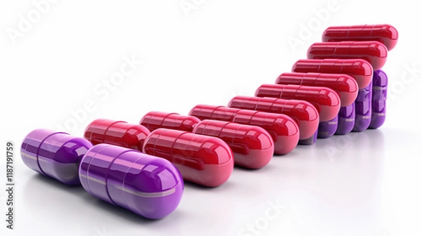 Obraz Red and purple capsules stacked in ascending order, forming a bar graph shape on a clean white background. Concept of healthcare trends. 3D