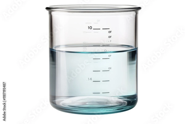 Obraz Glass container filled with clear liquid marked with measurement lines on a white background