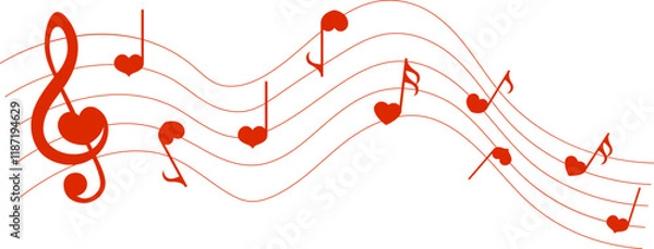 Fototapeta Red music notes, heart shape musical symbols, vector illustration.