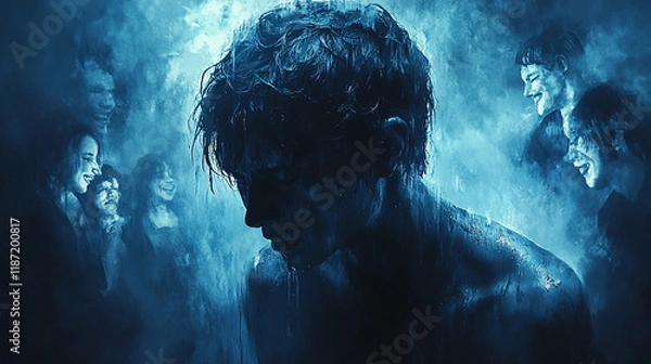 Fototapeta Portrait of a young man surrounded by spectres of people laughing at him. Conceptual image of bullying