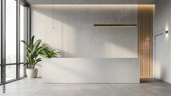 Obraz White reception counter in modern room with light gray walls. Blank registration desk in hotel, spa or office. Reception mock up with copy space for branding, logo. Contemporary style. 3D rendering.