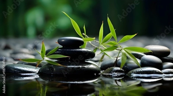 Fototapeta Stacked Black pebble stones on water background, light green background, bamboo branches, high quality zen background, Minimal, Asian Spa relaxation banner, Japanese Bamboo