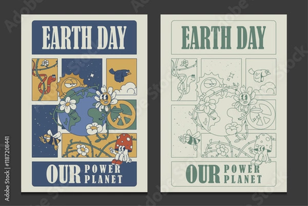 Obraz Earth Day poster in retro style with funny cartoon characters, vector illustration