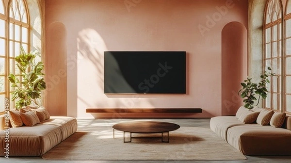 Fototapeta Modern Living Room Interior with Large Window and Minimalist Design