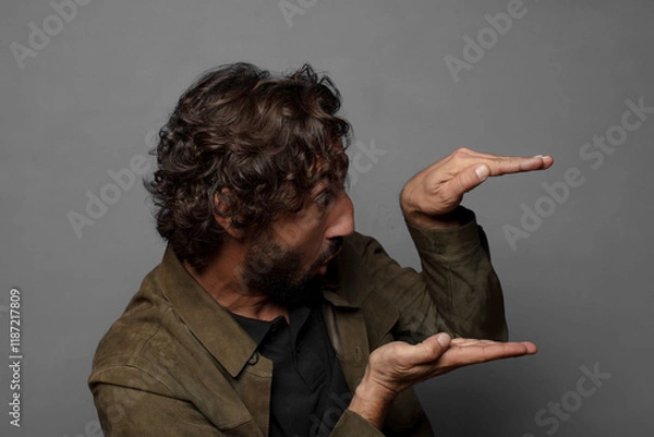Fototapeta holding an object with both hands on side copy space, showing, offering or advertising an object