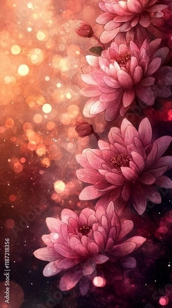 Fototapeta Soft golden bokeh lights blending smoothly into vivid floral tones, evoking warmth and serenity, book illustration style
