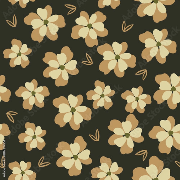 Obraz Beige flowers on a green background seamless pattern. Endless fabric print with delicate colors.