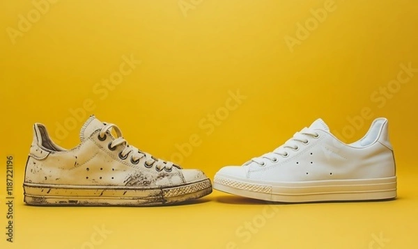 Obraz Side by Side, Old dirty sneakers next to new white sneakers on a bright yellow background