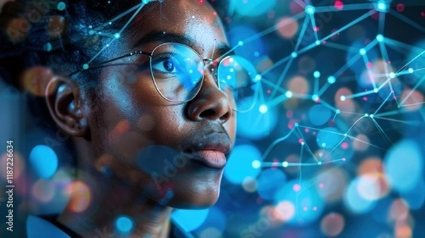 Fototapeta Close-up portrait of a young woman wearing glasses, gazing thoughtfully at a futuristic, glowing network of interconnected nodes.