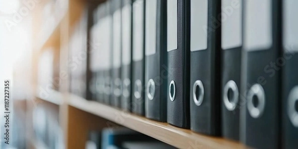 Fototapeta Organized collection of black office binders arranged neatly on the shelf in a bright workspace setting