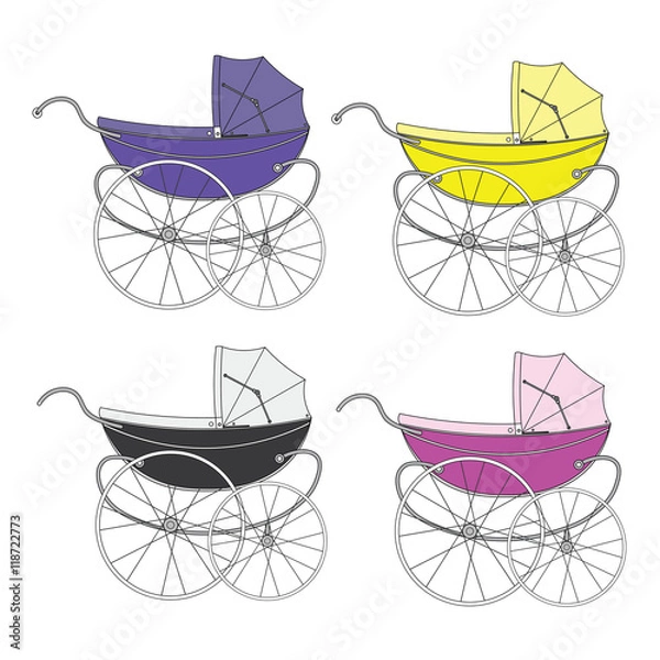 Obraz Set color  vintage old authentic vintage stroller with big wheels for little newborn baby.