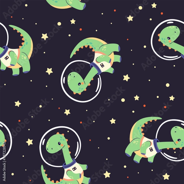 Fototapeta Seamless vector pattern on dark background. Cute dinosaurs flying in space, print for printing on children's products. Vector illustration