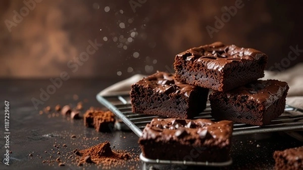 Fototapeta Freshly baked brownies cooling a rack surrounded by cocoa powder and chocolate chunks