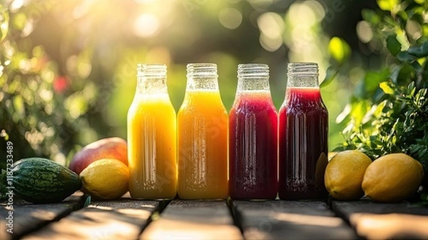 Fototapeta Fresh juice bottles in a sunny garden 