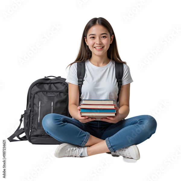 Obraz Happy Asian Student Girl Sitting with Backpack and Books, Smiling, Education Concept, College, University, Studying, Lifestyle Photograph, Casual,    