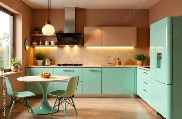 Fototapeta Retro Style Kitchen with Mocha Mousse Walls and Mint Accents. A retro-style kitchen featuring Mocha Mousse walls, mint green cabinets, a round dining table, and hexagonal backsplash tiles