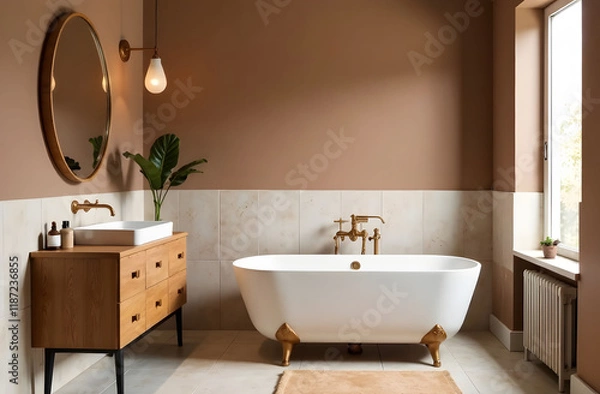 Fototapeta Retro Style Bathroom in Mocha Mousse Color. Elegant bathroom featuring a freestanding bathtub, wooden vanity, brass fixtures, and Mocha Mousse walls, creating a warm retro ambiance.
