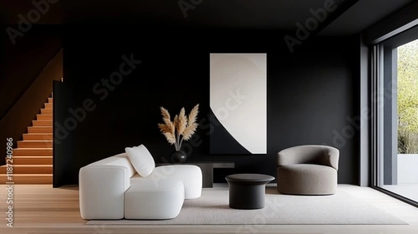 Fototapeta Modern minimalist living room with white modular sofa, beige armchair, and black accents.  Neutral color palette creates a calm and sophisticated atmosphere.
