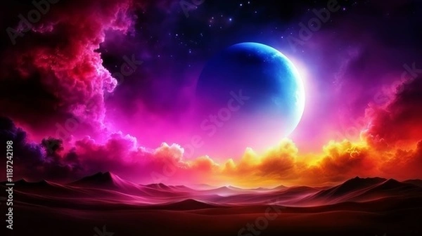 Fototapeta Vibrant alien landscape with a large, bright planet in the sky.  Surreal digital art.