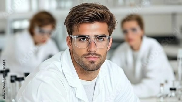 Fototapeta young male scientist with a focused expression sits in a laboratory, wearing protective glasses and a white coat. Two coworkers are busy in the background, working at laboratory stations