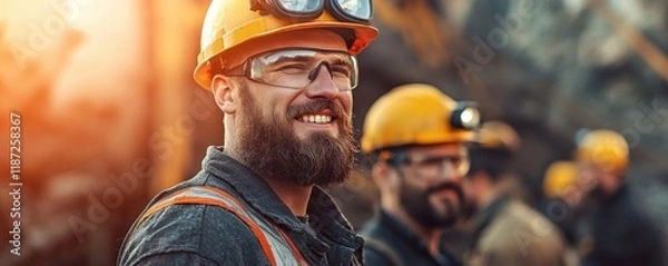 Fototapeta A group of miners in safety gear, smiling and working in a quarry, showcasing teamwork and resilience in a challenging environment.