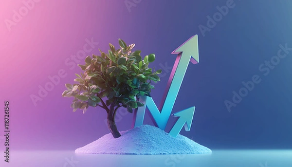 Fototapeta A small plant with Arrow on pink and purple gradient background, startup business growing concept background. Clean 3D high quality illustration.