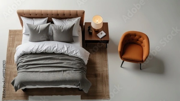 Fototapeta Top down view of modern guest room with a comfy bed nightstands and a stylish armchair room decor on a white isolated background