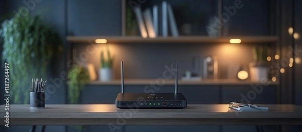 Fototapeta Modern Wireless Router on a Desk in a Cozy Home Office