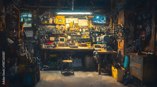 Obraz Busy nighttime workshop illuminated by the glow of the Northern Lights