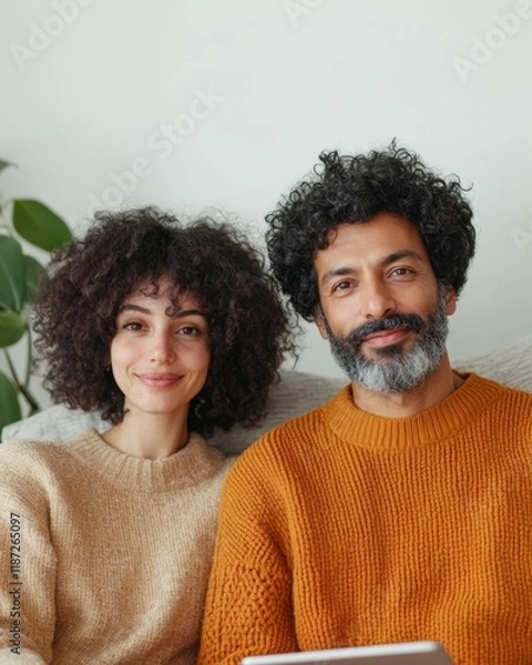 Fototapeta Couple Enjoys Digital Entertainment with a Tablet, Modern Living Room Browsing Digital Entertainment Experience